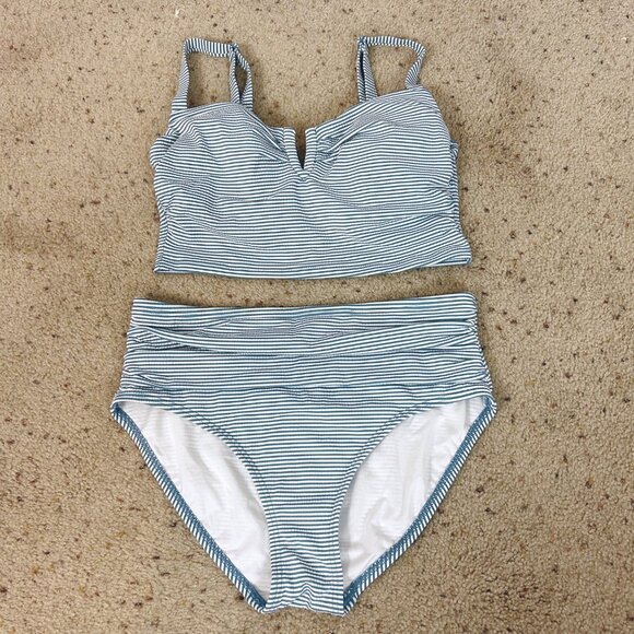 Soma Seersucker Striped 2 Piece Swim Suit High Rise Underwire Size Small Women's